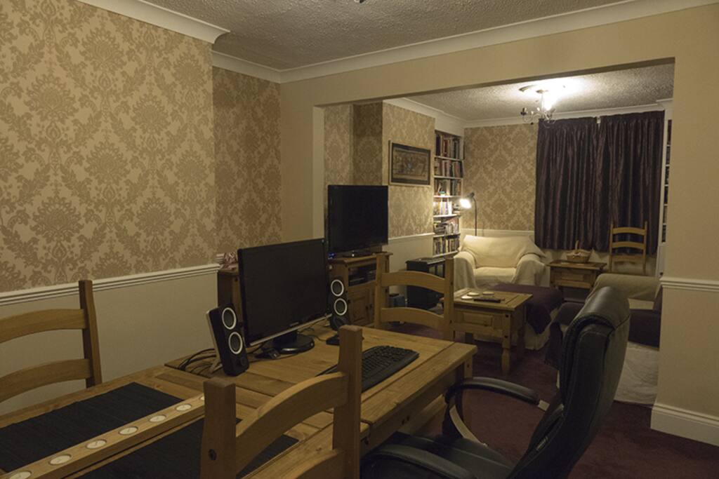 Two spaces free at the dining table.
