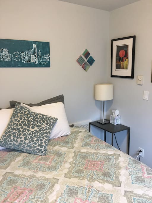 Night stand, lamp, Power Outlet for recharging devices.