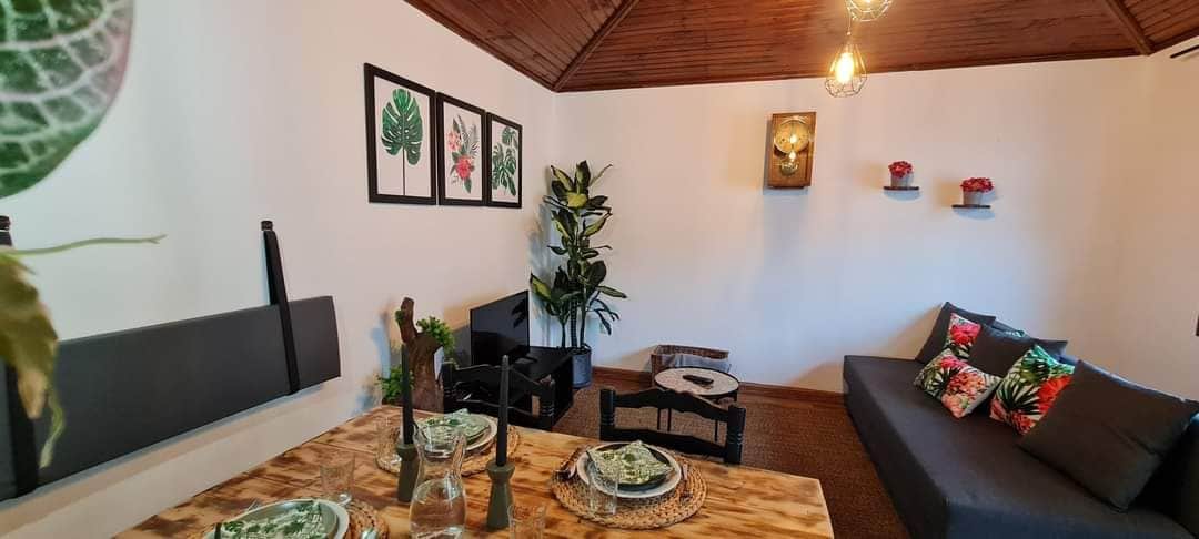 A relaxing living area features a dark wooden ceiling and light walls. A gray sofa is accompanied by decorative cushions. A dining table set for four is visible, complemented by tropical-themed artwork on the walls. Potted plants add freshness to the space.