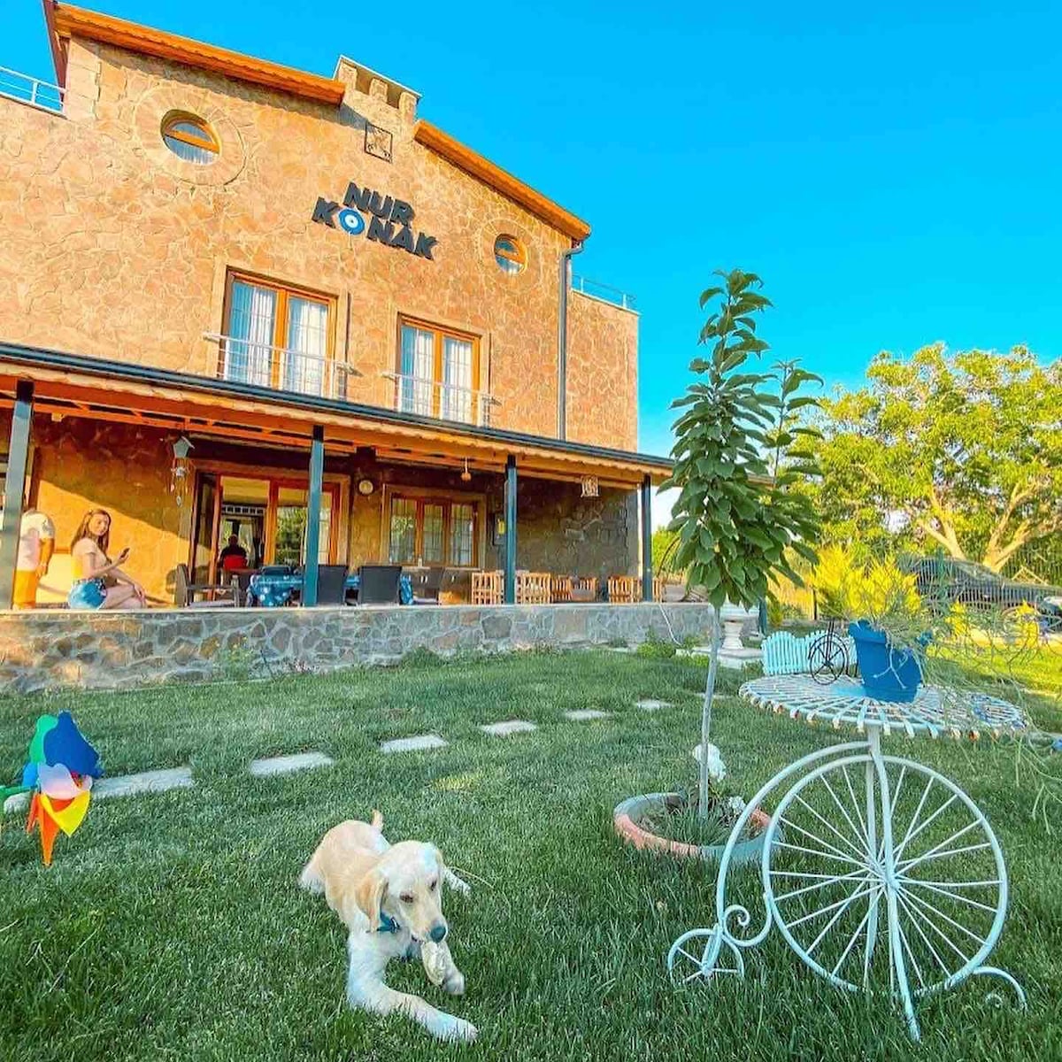 A spacious building with a rustic design features a welcoming porch and a beautifully landscaped garden. A light-colored dog sits on the green grass, surrounded by decorative elements, while guests enjoy the outdoor area, creating a relaxed atmosphere.