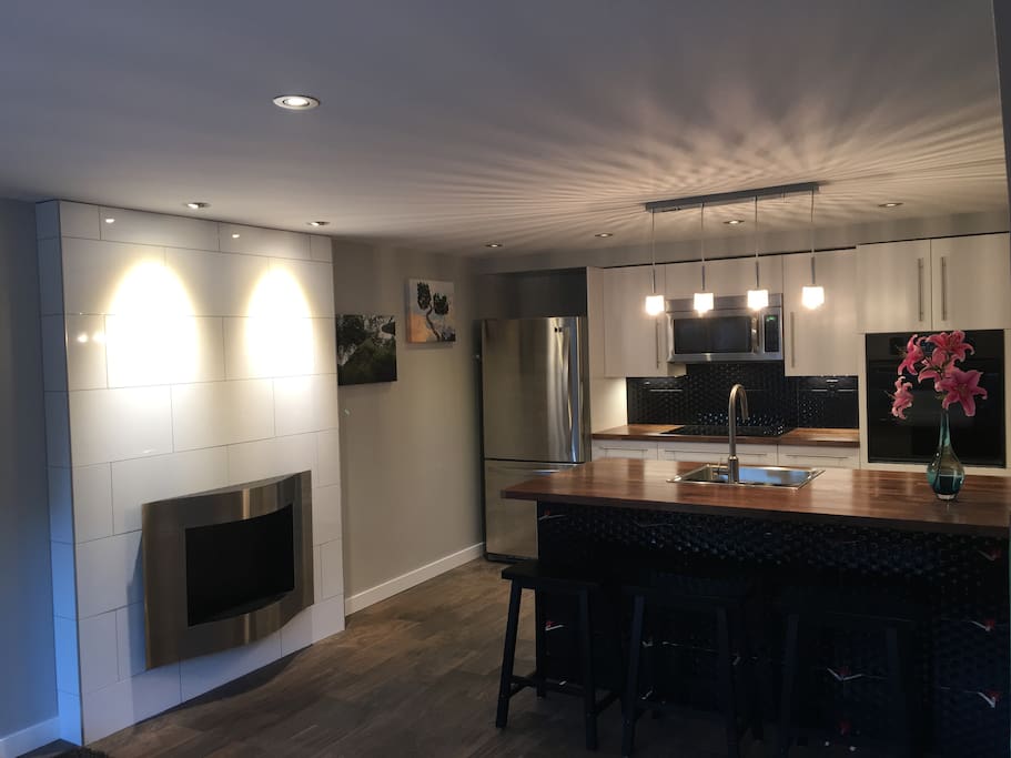 Fireplace & kitchen