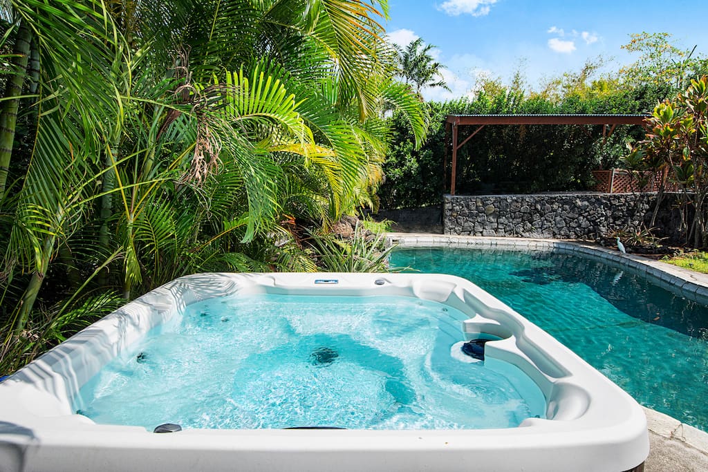 6 people jet Spa by the pool with privacy and among all tropic plants and plum trees