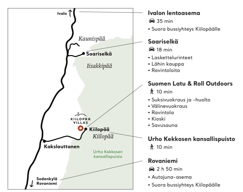 A detailed map highlights key locations, including proximity to Ivalo Airport and various outdoor activity points like skiing and hiking within Urho Kekkonen National Park. The routes from Kilopää to Saariselkä and nearby attractions are clearly marked.