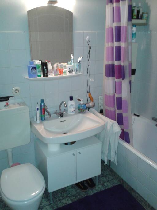 meun kleines süßes Badezimmer, Dusche, Badewanne, Toilette, Waschbecken, Föhn, Spiegel. Der Duschknopf kann ab und an abgehen, einfach wieder reindrücken. Ich habe eine Schrankseite für euch leer gemacht, dort ist auch das Toilettenpapier.