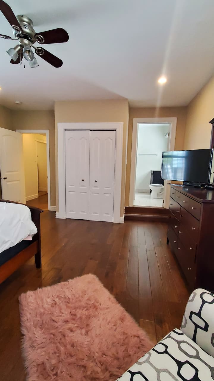 Მთავარი საძინებლის ხედი კომპლექტისკენ და დიდი ორკარიანი კარადა.