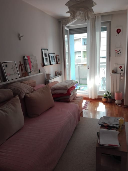 Living romm with sofa (pull out bed) and little balcony