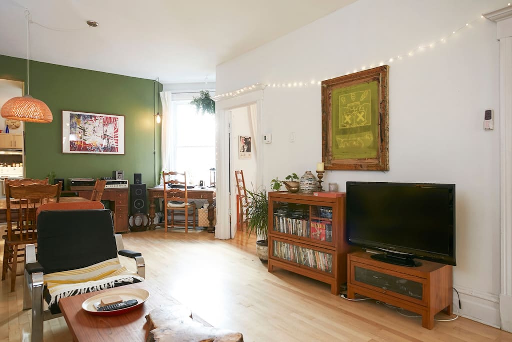 In the corner, a second workspace.