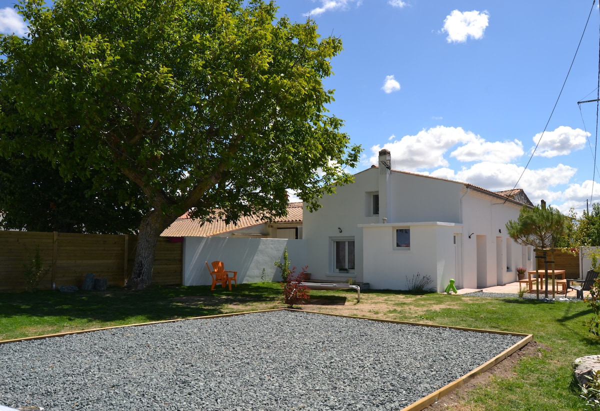 A spacious outdoor area is shown, featuring a gravel surface suitable for games. A well-maintained lawn surrounds the space, complemented by a large tree providing shade. The house stands in the background with a simple design and a few windows, enhancing the tranquil setting.