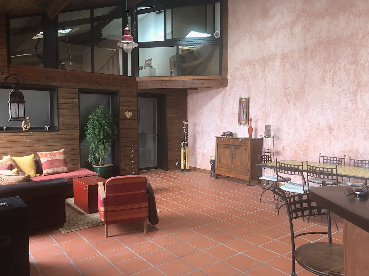 An open living area is featured with terracotta tile flooring and a wooden ceiling. A sectional sofa with colorful cushions and a small red chest are present. A dining table with chairs occupies one side, while decorative items are arranged on a wooden cabinet against the wall.