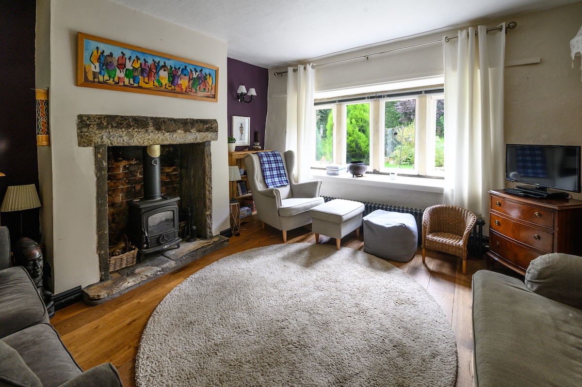 A cozy lounge area features a stone fireplace with a woodburning stove and a large circular rug on wooden flooring. Natural light streams through the window, illuminating comfortable seating including an armchair and a woven chair, alongside a wooden chest of drawers and a television.