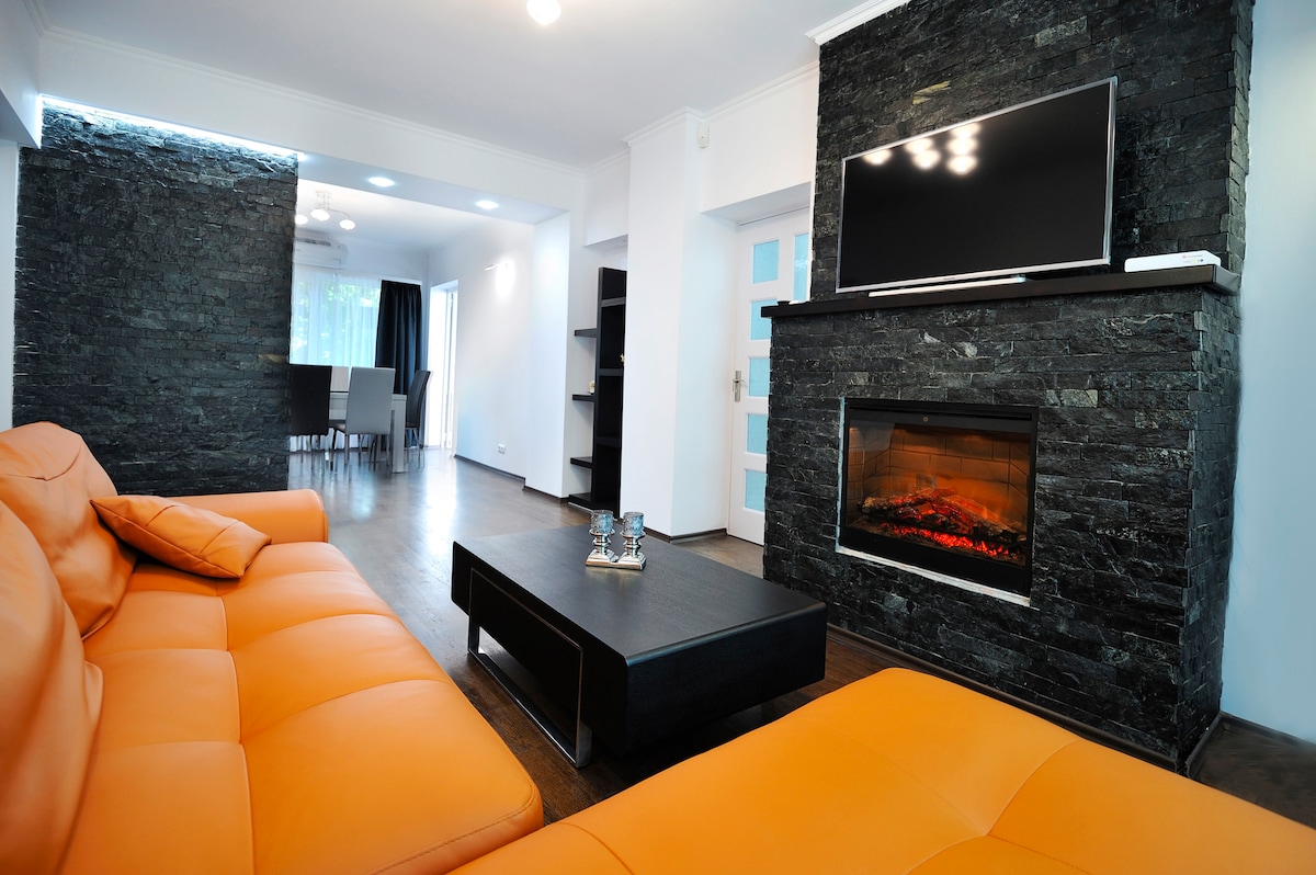 A spacious living area features a contemporary orange sofa paired with a sleek black coffee table. A modern television is mounted above a stylish electric fireplace, all framed by textured stone walls. Natural light floods the room through large windows, enhancing the open feel.