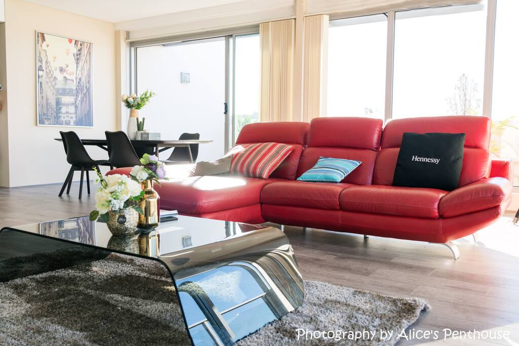 very comfortable red leather sofa