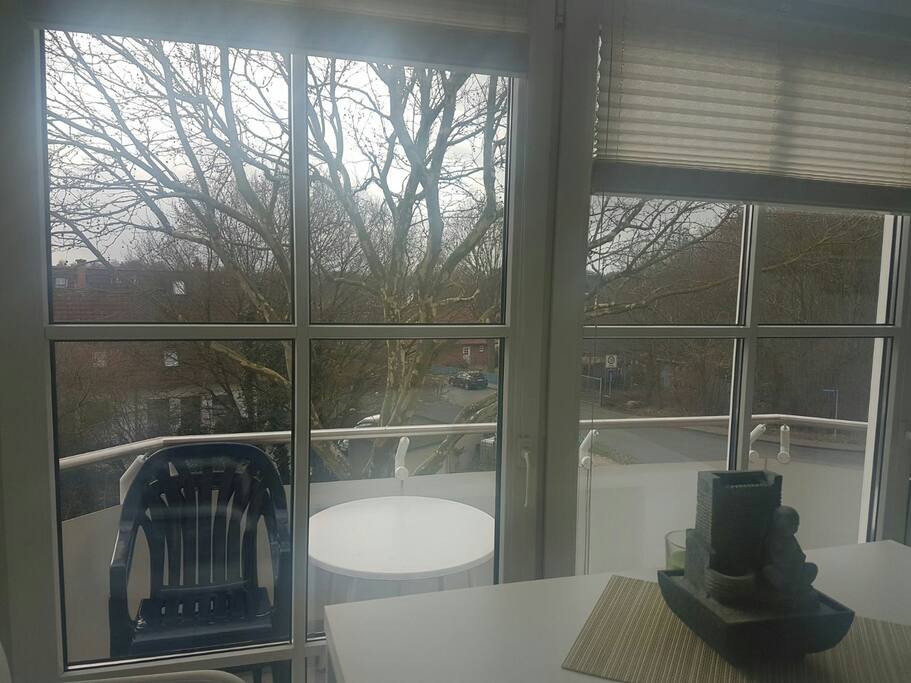 Balkon mit großem Panorama fenster mit Blick auf die dörfliche Landschaft ganz am Stadtrand Lübecks