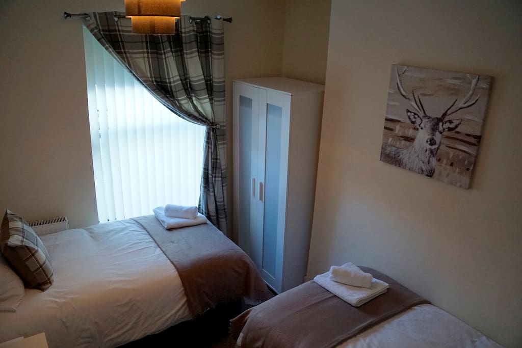 Second bedroom - two single beds and a TV.