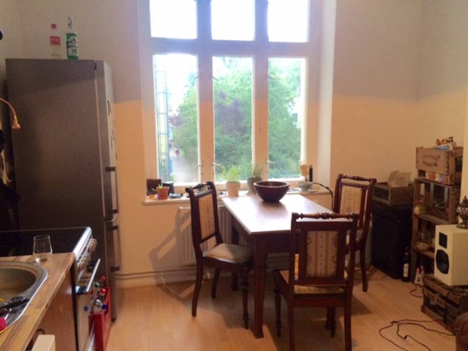 our big kitchen with window to the backyard, dish washer, big fridge & freezer, music and fully equiped!