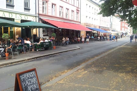 The heart of Grünerløkka by a park. Sunny balcony.
