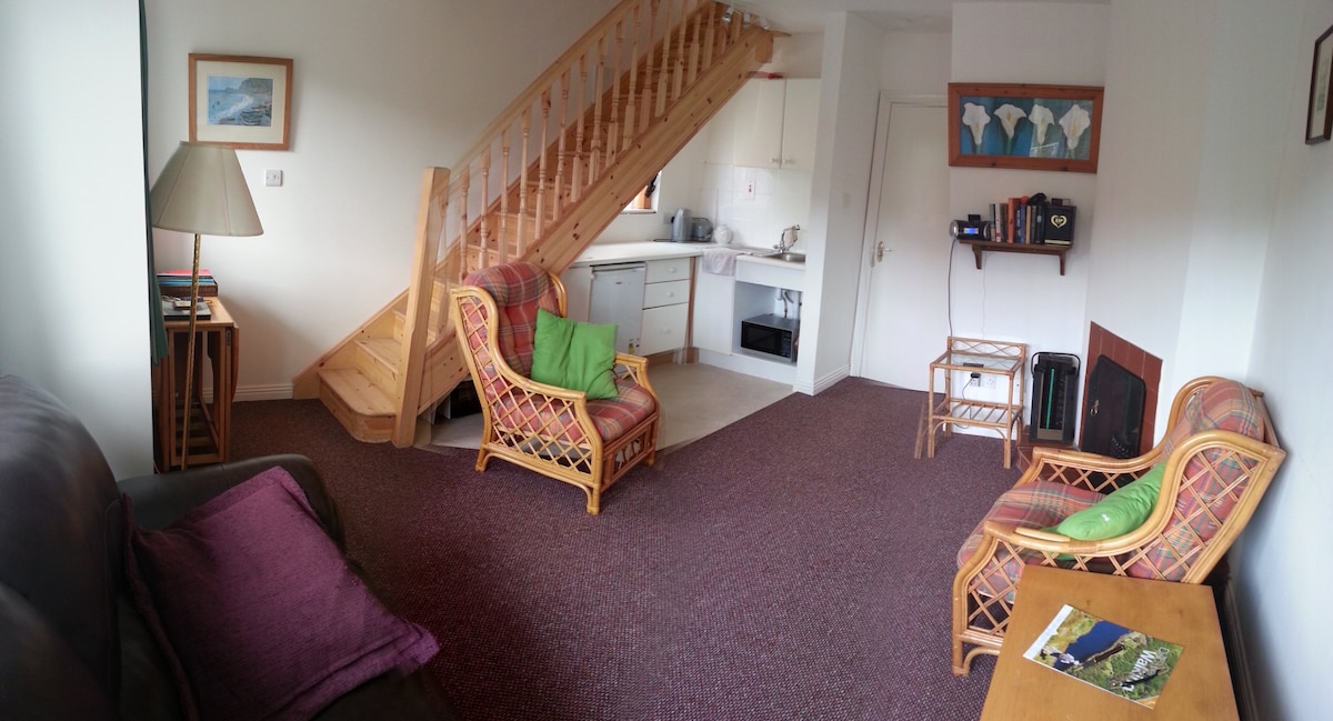 A combined sitting room and kitchen showcases a staircase leading to the upper level. Two wicker chairs with cushions and a sofa are arranged for comfort. A small coffee table and a side table are positioned nearby, alongside a lamp and various kitchen appliances visible in the background.