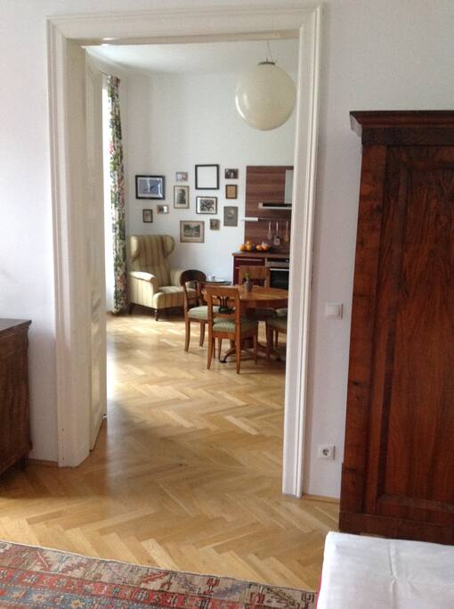 A look into the kitchen/common area from your room.