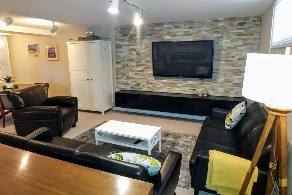 2 sofas, and armchair for lounging. Wrap up in one of the throw blankets.