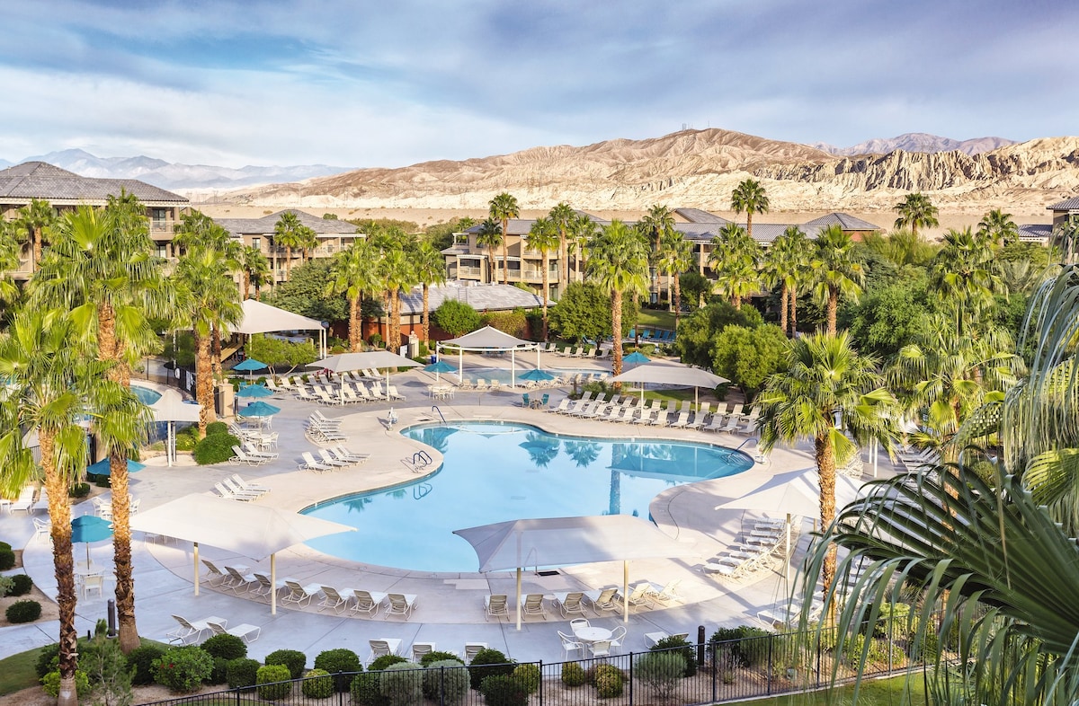 An expansive outdoor swimming pool area is surrounded by lush palm trees and shaded seating. Numerous lounge chairs are arranged around the pool, complemented by umbrellas for shade. The backdrop features desert mountains under a clear sky, creating a serene atmosphere.