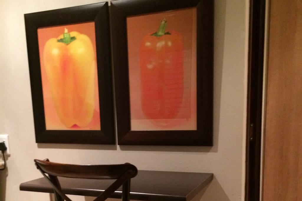 As you walk in the front door. Work/eating space