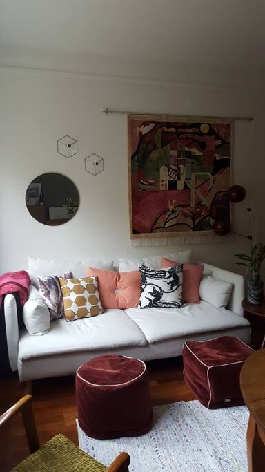 A comfortable living room. We also have a TV with cable.