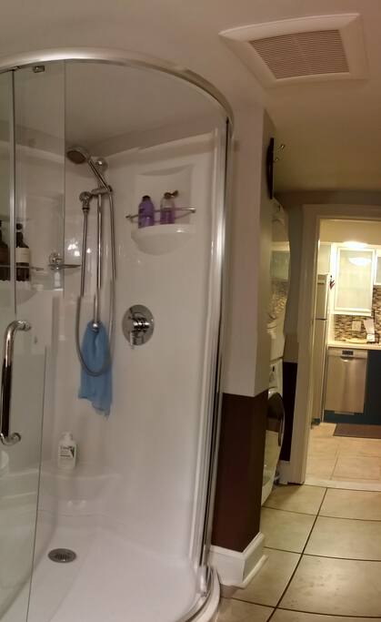Full bath includes, air dryer, towels and supplies for your stay.