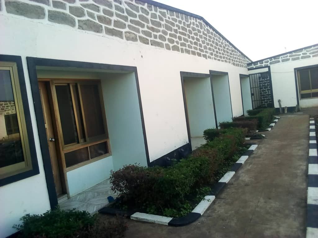The exterior of the building features a series of rooms with large windows framed in natural wood. Low hedges line the pathway, and a charming stone wall adds texture to the white façade. The pathway is paved, offering clear accessibility.