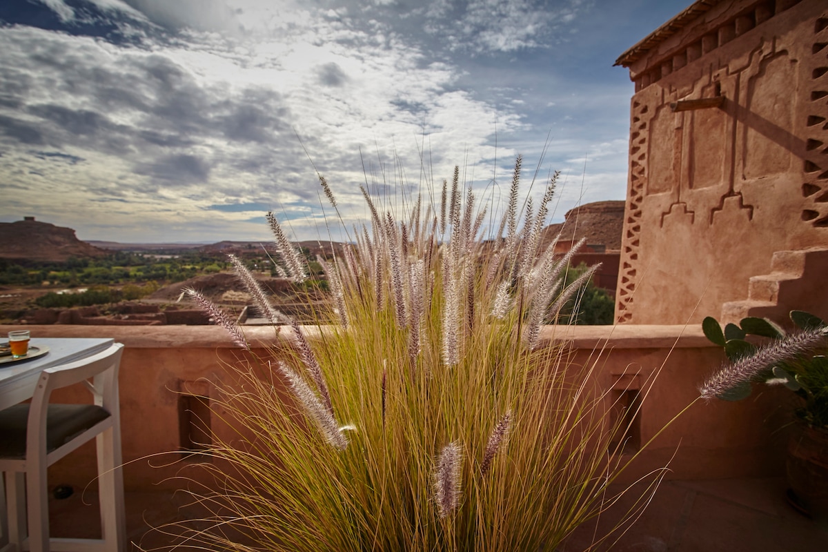 A vibrant arrangement of grass plants stands prominently on the terrace, blending with the stunning view of the surrounding landscape under a cloudy sky. The architectural features of the terrace are visible, showcasing traditional designs, enhancing the serene atmosphere.