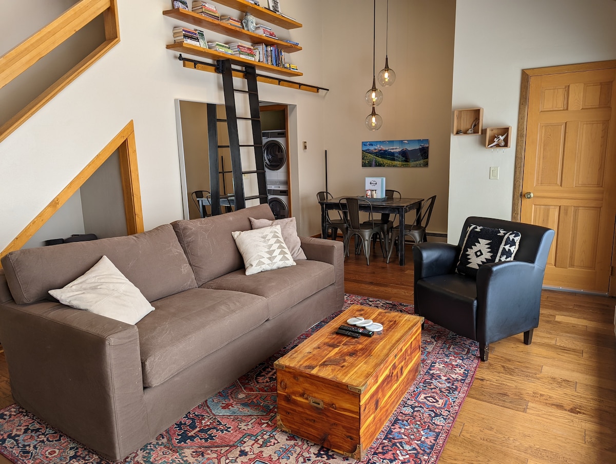 A comfortable living space showcases a brown sofa with decorative pillows facing a wooden coffee table. A small black chair adds to the seating arrangement. A bookshelf is mounted on the wall above, and a dining area with four chairs is visible in the background.