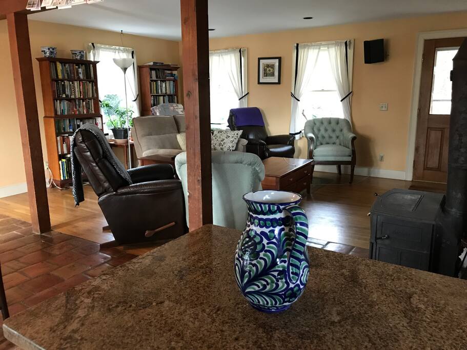 Open floor plan, Kitchen view into living room.