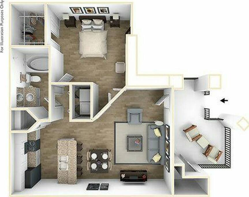 Floor plan of unit with balcony.