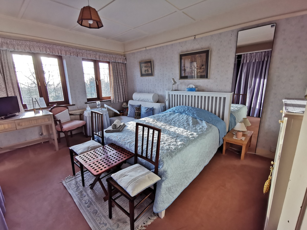 A spacious bedroom features a large bed dressed in light blue linen. A small seating area is highlighted by a comfortable chair and a wooden table. Natural light floods in through three windows, providing views of the outside gardens. Simple decor includes a mirror and framed artwork.