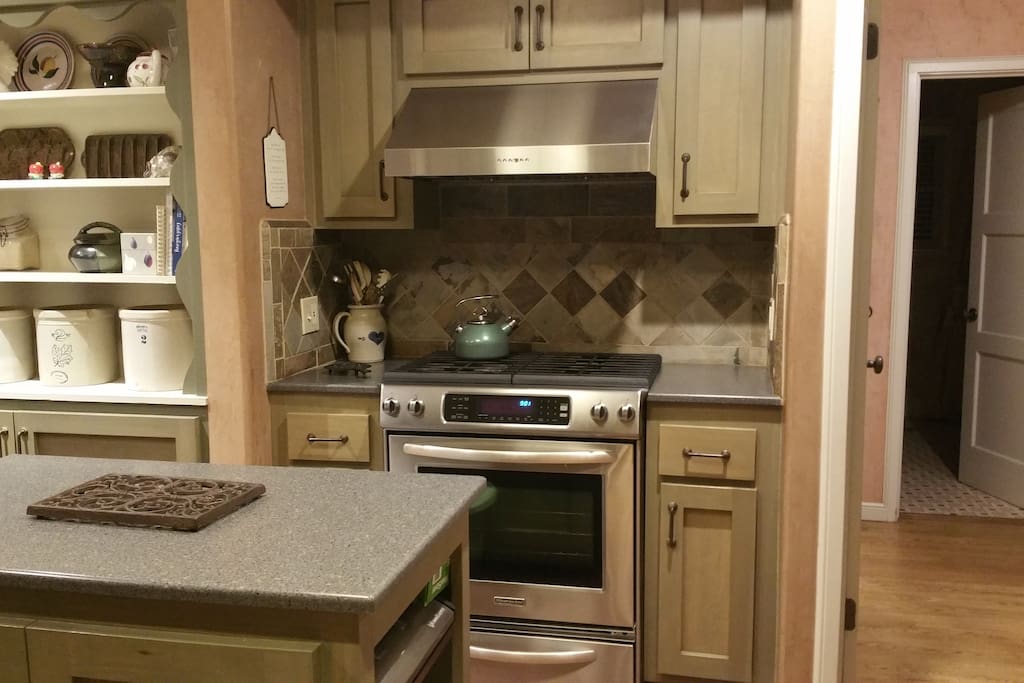 Kitchen with gas stove.