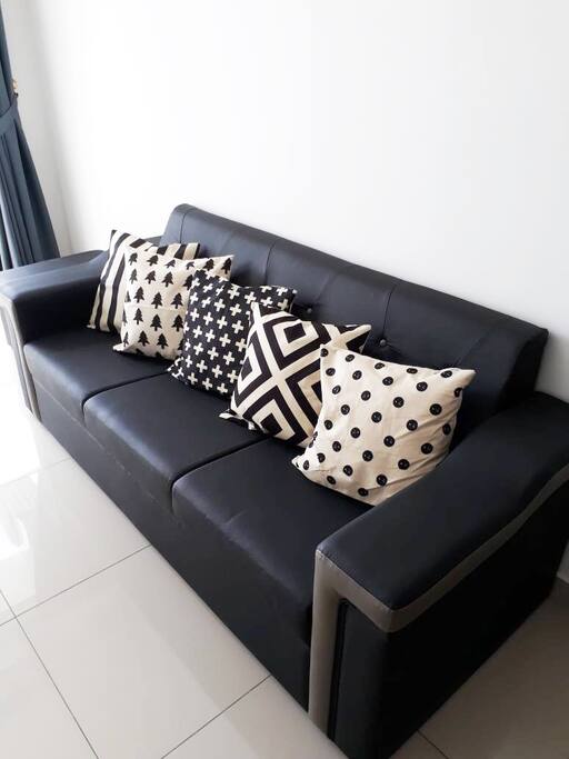 Living Hall - Sofa with BW Geometric Pattern Cushions