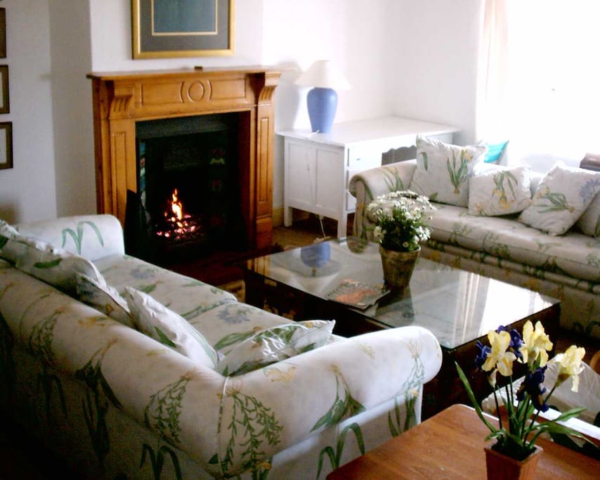 Comfy couches with lovely antique fireplace
