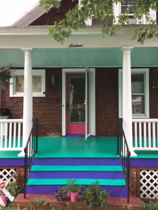 The freshly painted front porch