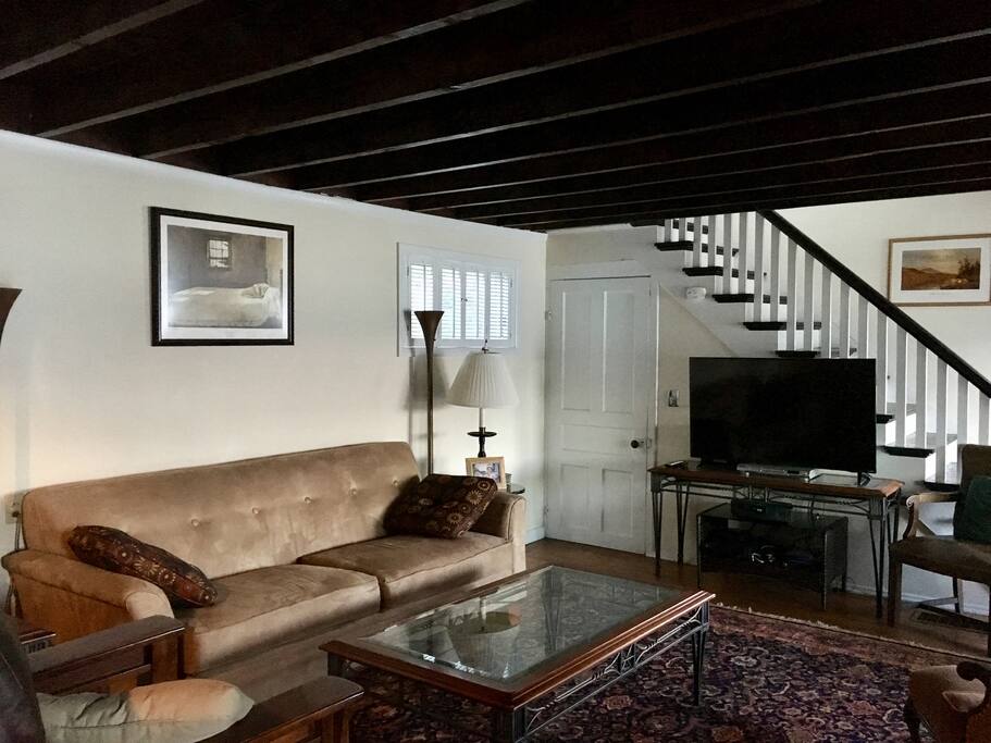 Living room with 55" screen Roku enabled TV