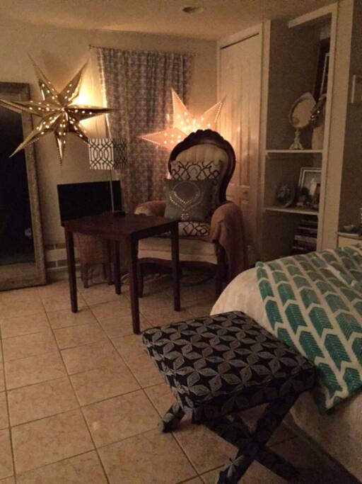 Cozy workspace or reading corner - there is a tv, but only receives some wireless antennae channels (no remote).