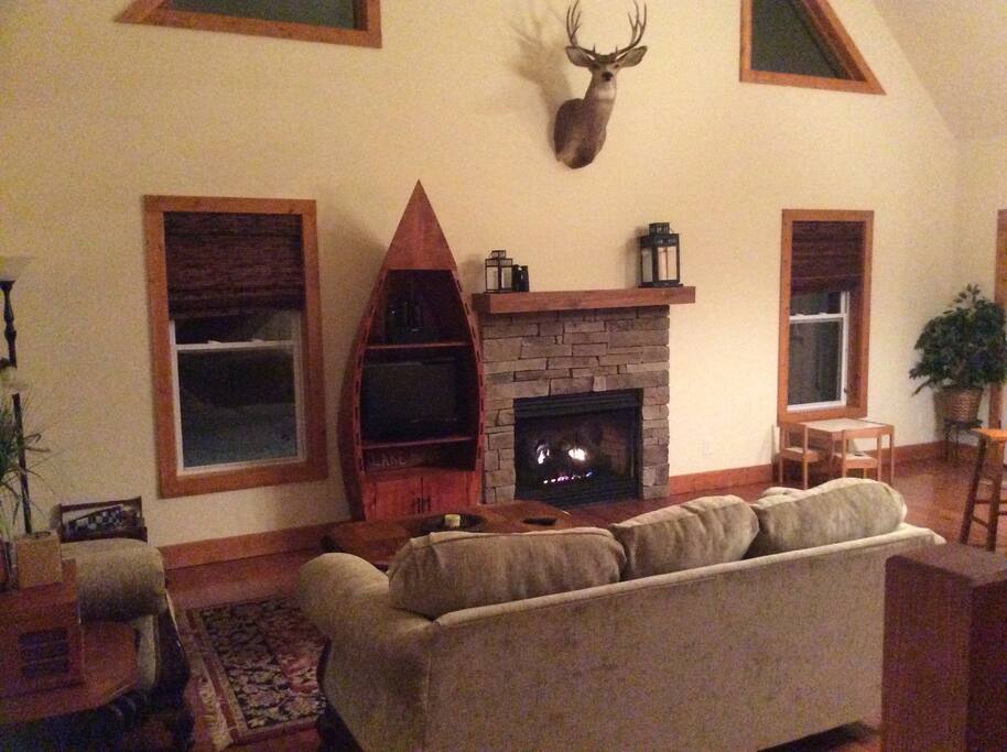 Living room with Roku TV and DVD.