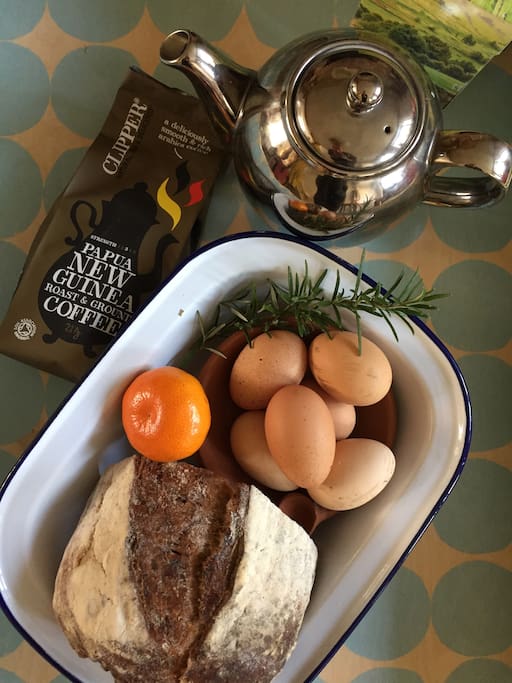 Welcome!there will be fresh eggs bread butter and more when you arrive.