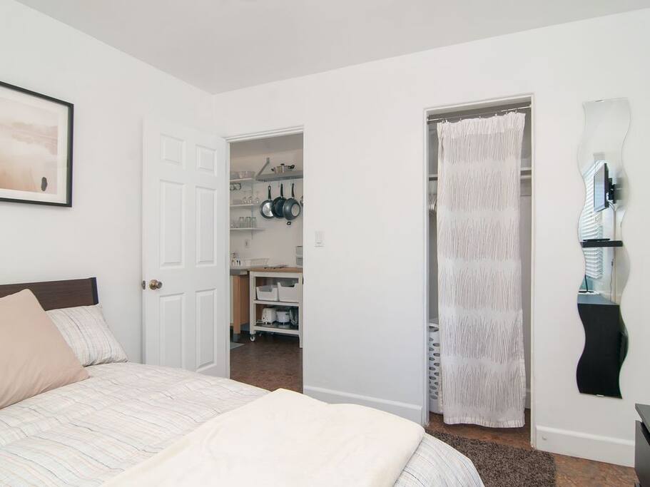 Bedroom - There's storage in the closet in the bedroom for suitcases. Management offers additional storage in a locked storage shed
