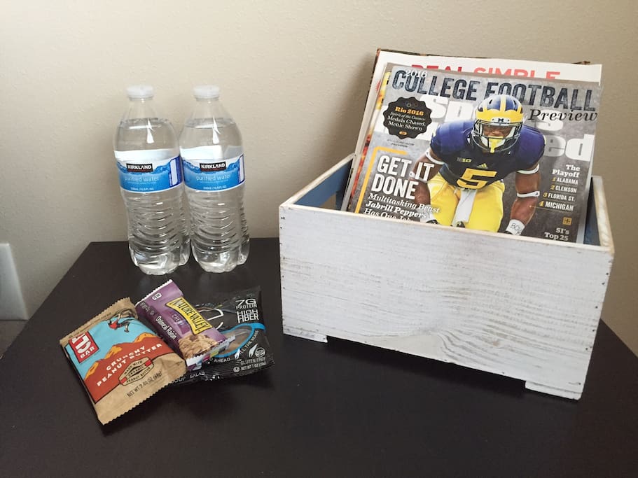 Bottled water and snacks will be ready in your room when you arrive