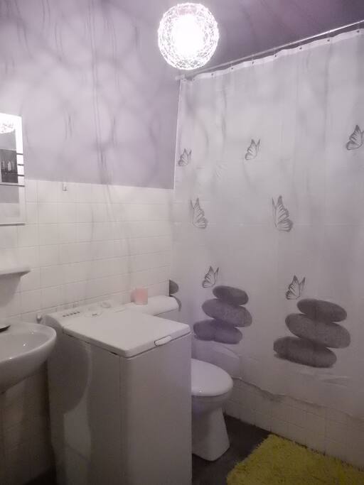 Salle de bains avec baignoire et lave-linge