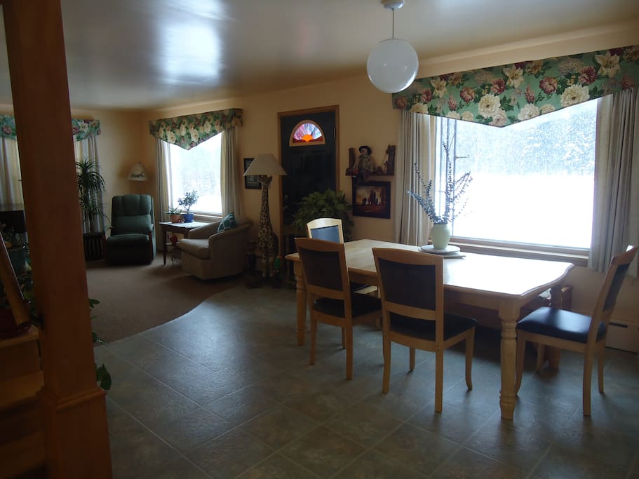 Living room, dining room.