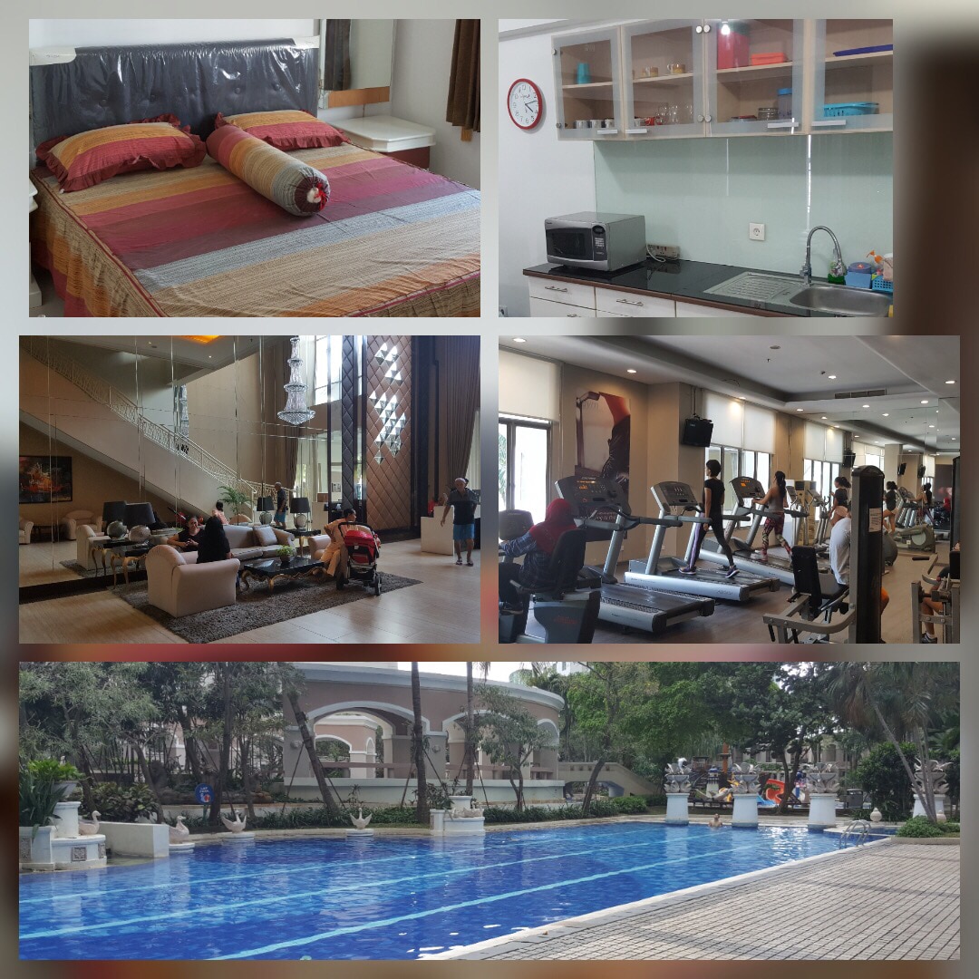 A spacious bedroom is presented with colorful bedding and decorative pillows. The kitchen area showcases a microwave and modern cabinetry. A well-equipped gym is visible with workout machines. The outdoor pool area features inviting blue water surrounded by greenery, enhancing a relaxed environment.