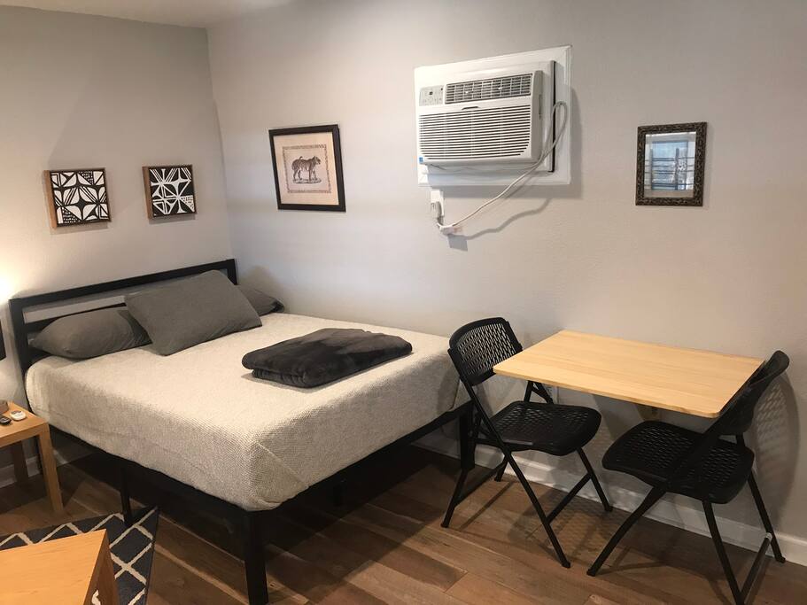 Full bed, brand new A/C, desk/dining