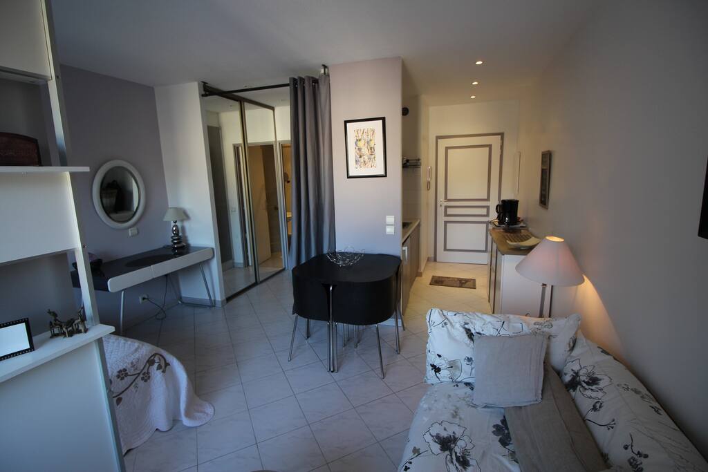 Pièce principale avec séjour et coin chambre.