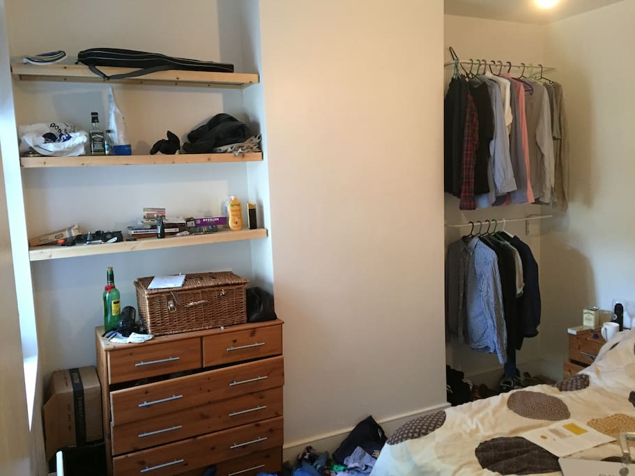 Shelves, open wardrobe and drawers
