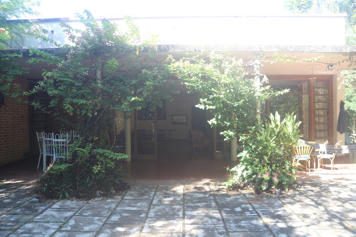 The exterior of the house is surrounded by lush greenery, with climbing plants framing an inviting entrance. A spacious terrace area is visible, featuring various seating arrangements under a natural canopy. The entrance is highlighted by large glass doors that offer a glimpse of the interior.